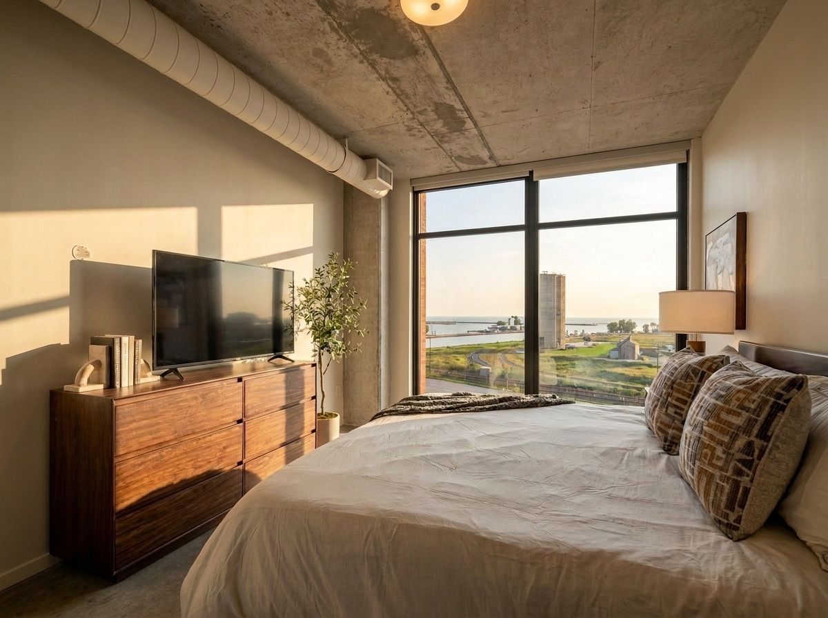 A bedroom with a large bed, a TV on a wooden dresser, a view of the city through a large window, and a plant.