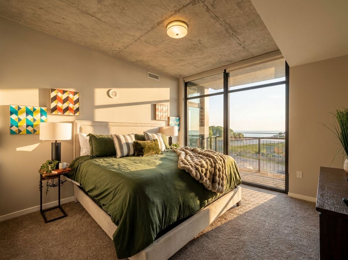 A bedroom with a large bed, a nightstand, a lamp, and a view through a sliding glass door.
