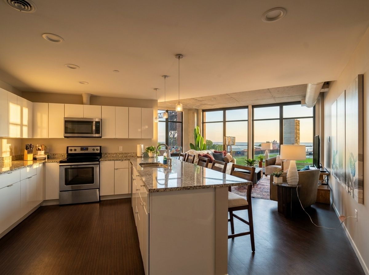A modern kitchen with a central island, built-in oven, and microwave.