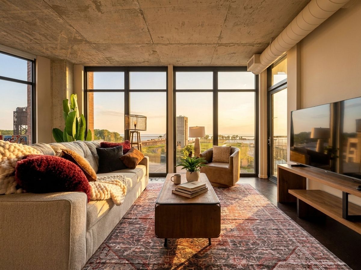 Un salon moderne avec une grande fenêtre, un canapé, une table basse et un téléviseur.