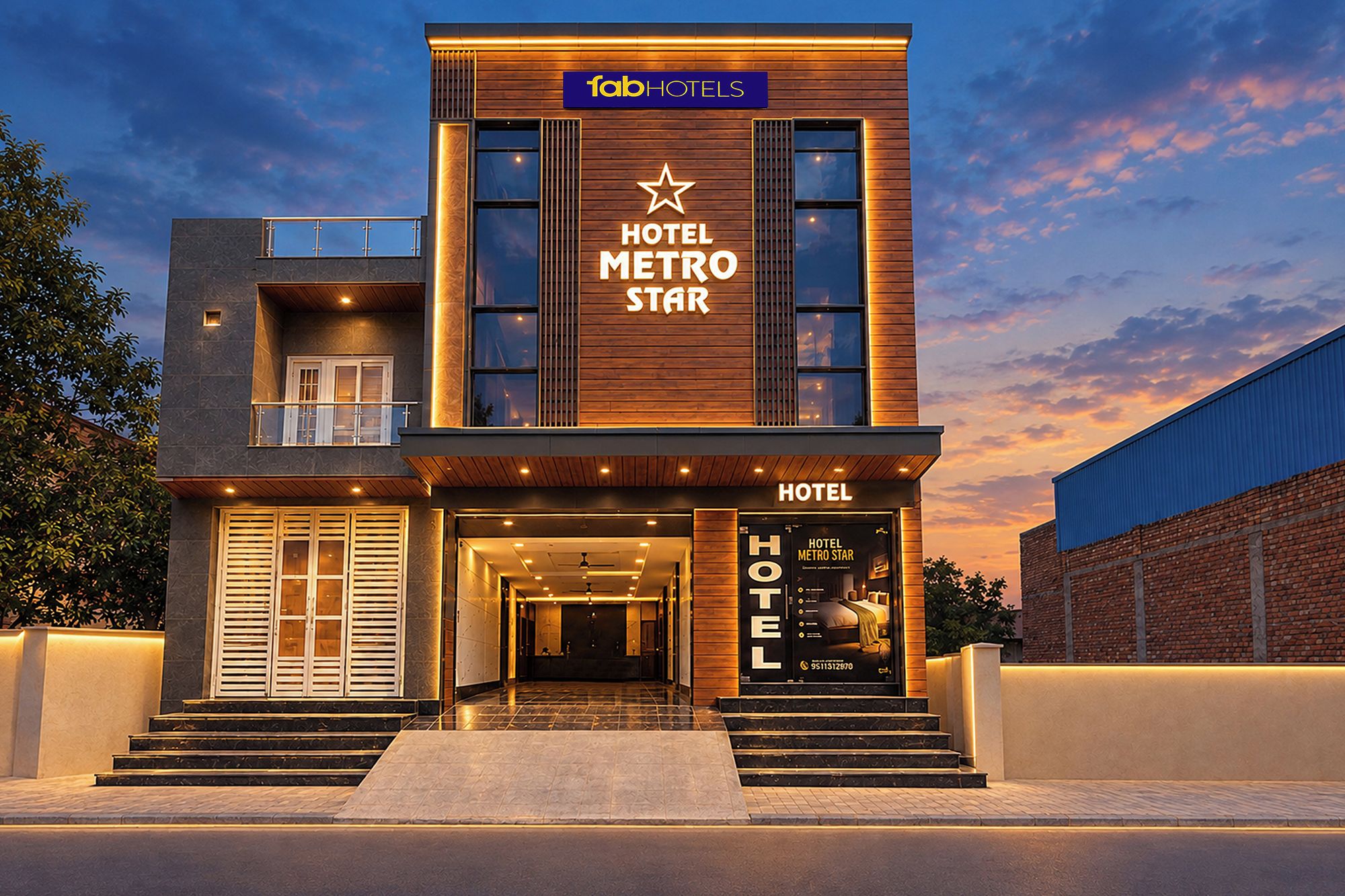 Um hotel moderno com uma placa grande exibindo 'HOTEL METRO STAR' e um logotipo em forma de estrela.