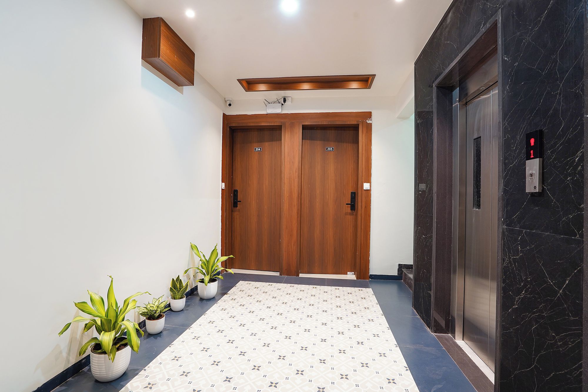 A hallway with a wooden door, an elevator, and potted plants.