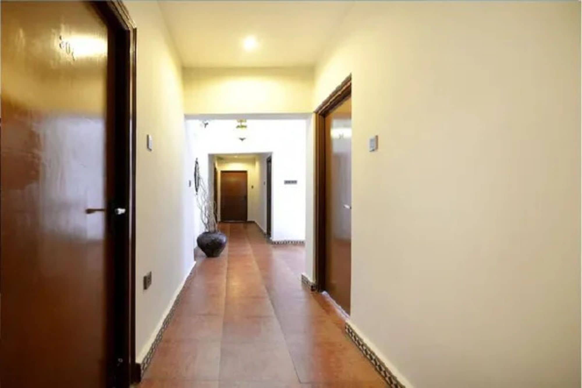 Un couloir avec un sol carrelé, une porte sur la gauche et une porte au fond.
