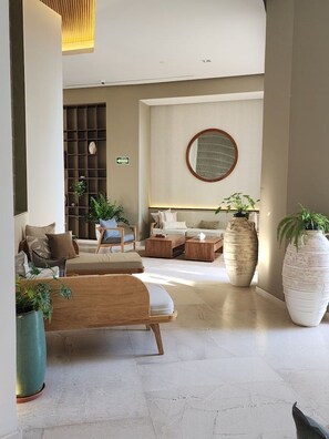 A modern interior with a seating area, a large mirror, and potted plants. - Amazing Sunsets are just the beginning! (Puerto Vallarta)