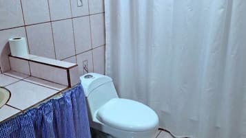 Un baño con inodoro, lavabo, un rollo de papel higiénico, cortina de ducha y un tapete en el suelo.