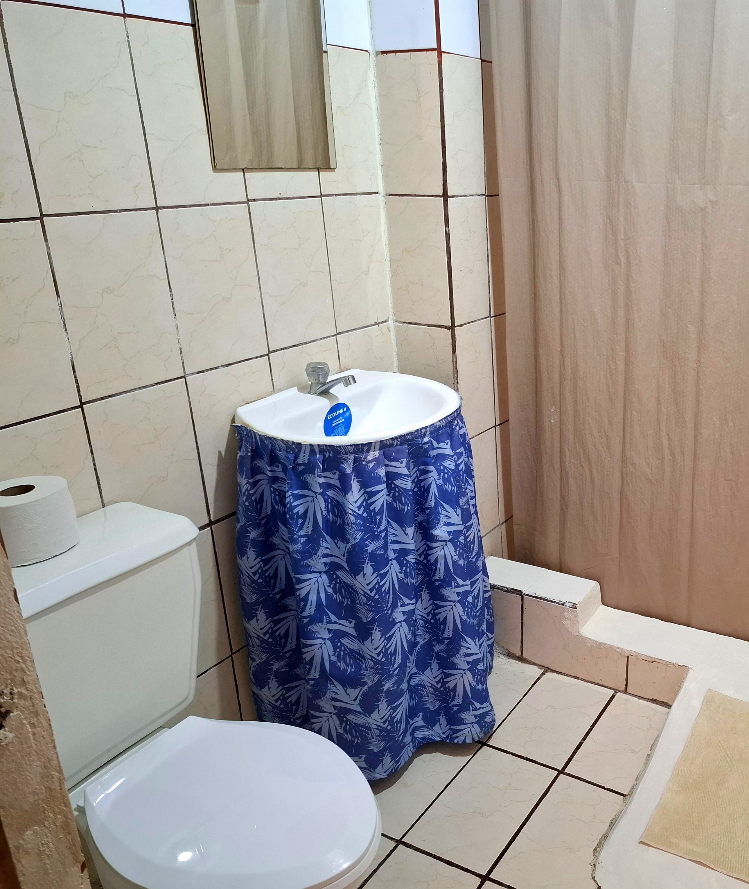 A bathroom with a toilet, sink, and shower area.