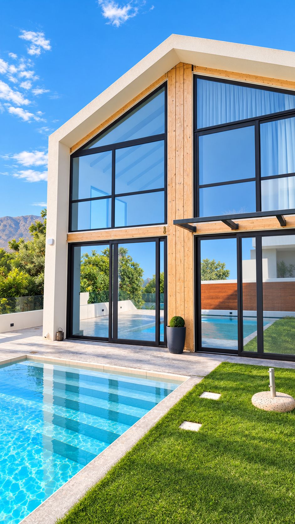 A modern two-story house with a swimming pool, large windows, and a well-maintained lawn.