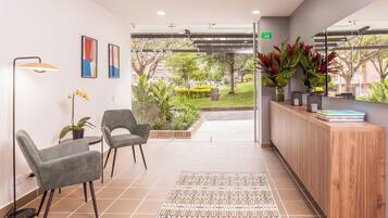 A reception area with a wooden reception desk, two grey chairs, a patterned rug, and a potted plant.