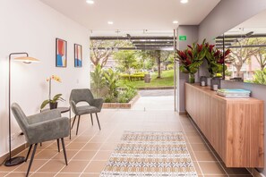 A reception area with a wooden reception desk, two grey chairs, a patterned rug, and a potted plant.