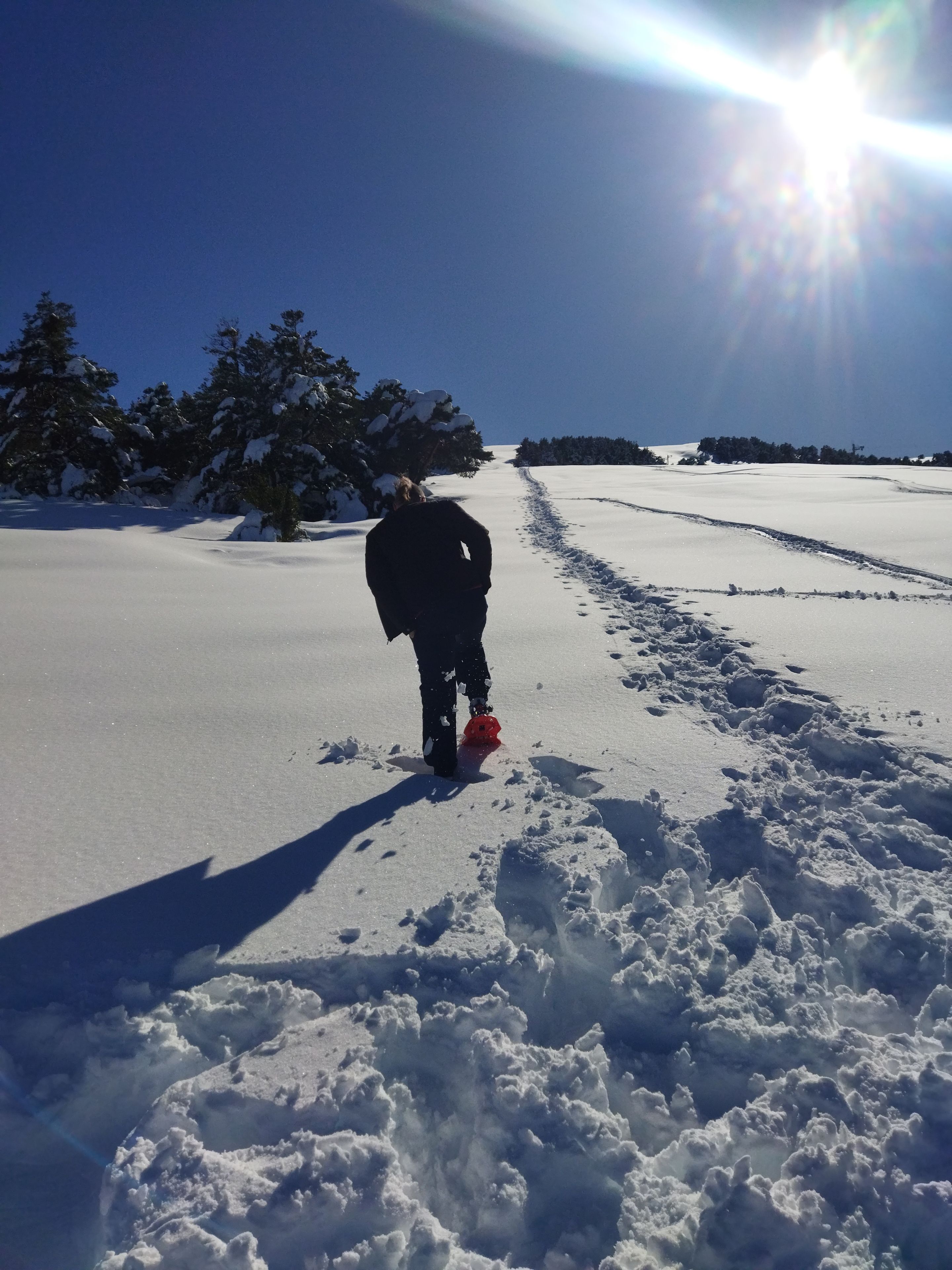 Un paisaje nevado con cielo despejado y una persona alejándose de la cámara.