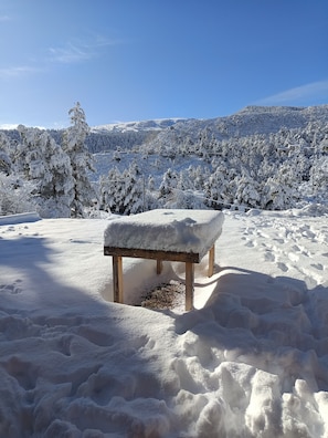 A wooden bench covered in snow, surrounded by a snowy landscape with trees and a mountain in the background.