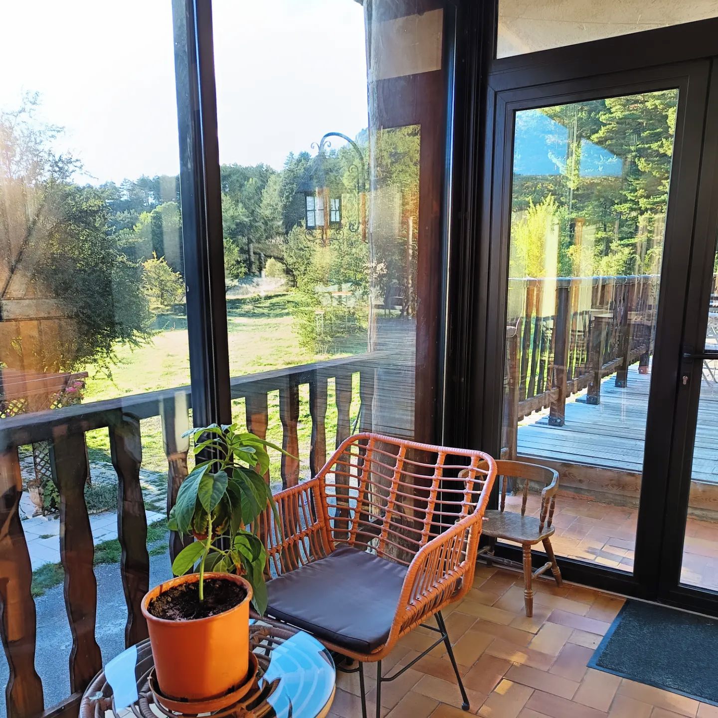 A balcony with a wicker chair, a potted plant, and a view of a garden and trees.