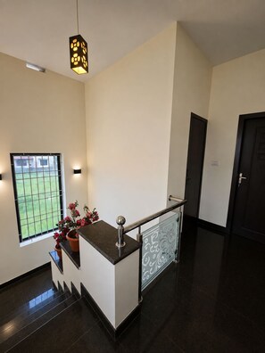 A reception area with a counter, a potted plant, a window with a view, and a door.
