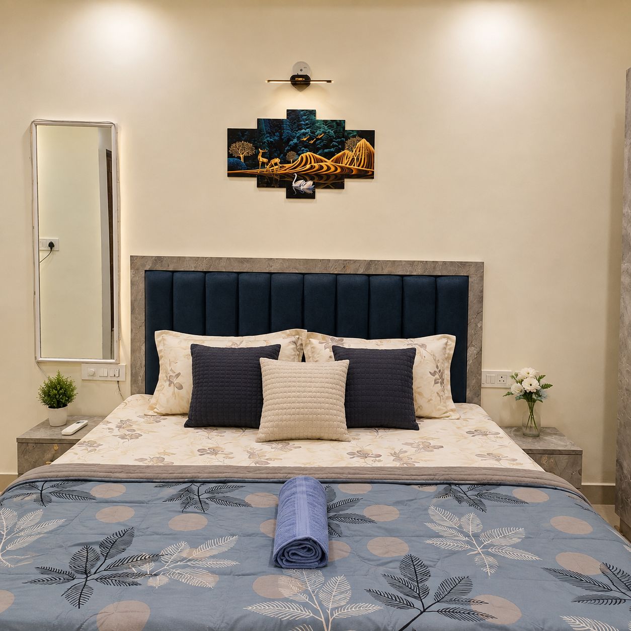 Ein Schlafzimmer mit einem Bett, einem Kopfteil, einem Wandbild, einem Nachttisch, einem Spiegel und einer Vase mit Blumen.
