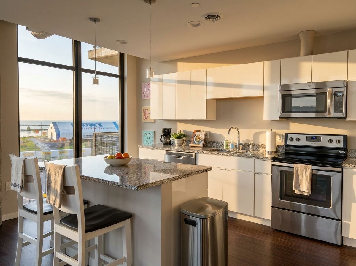 A modern kitchen with a large island, stainless steel appliances, and a view through large windows.