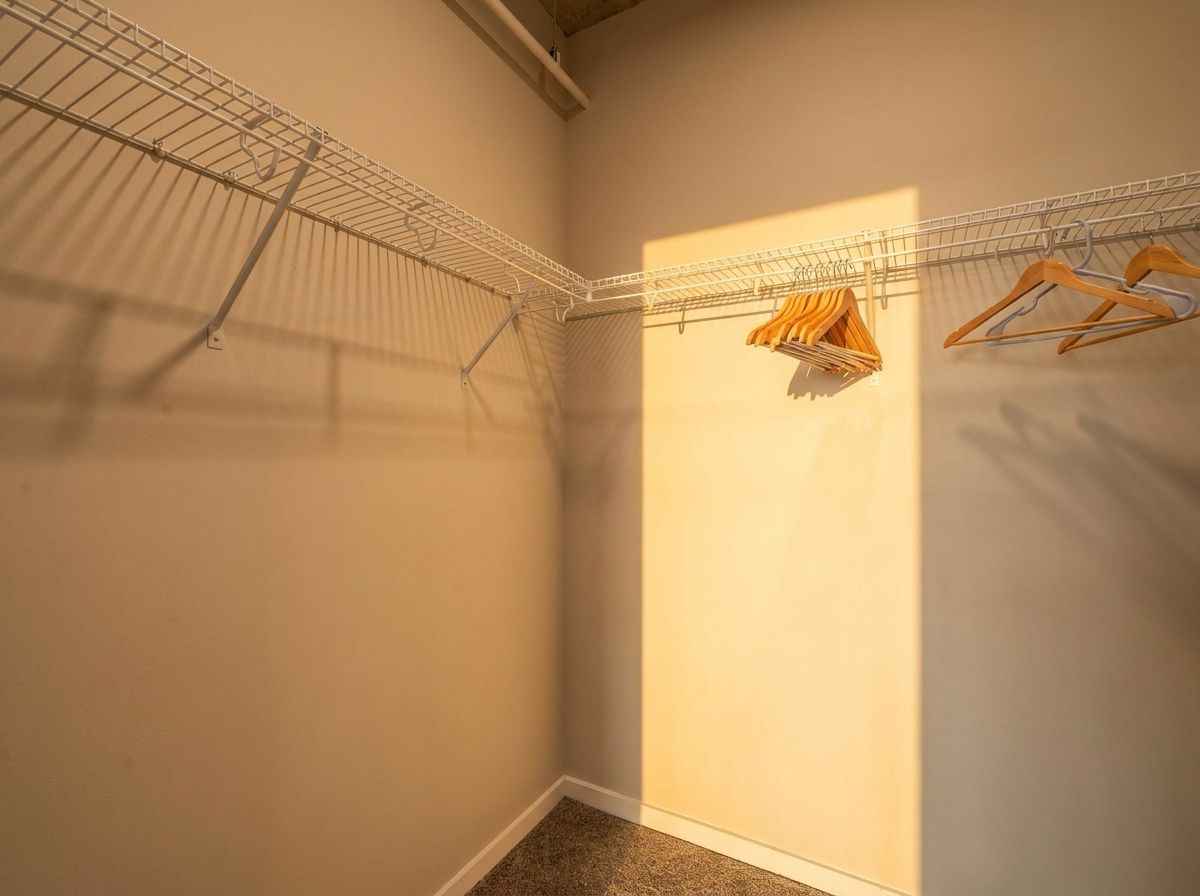 A closet with a metal drying rack and wooden hangers.