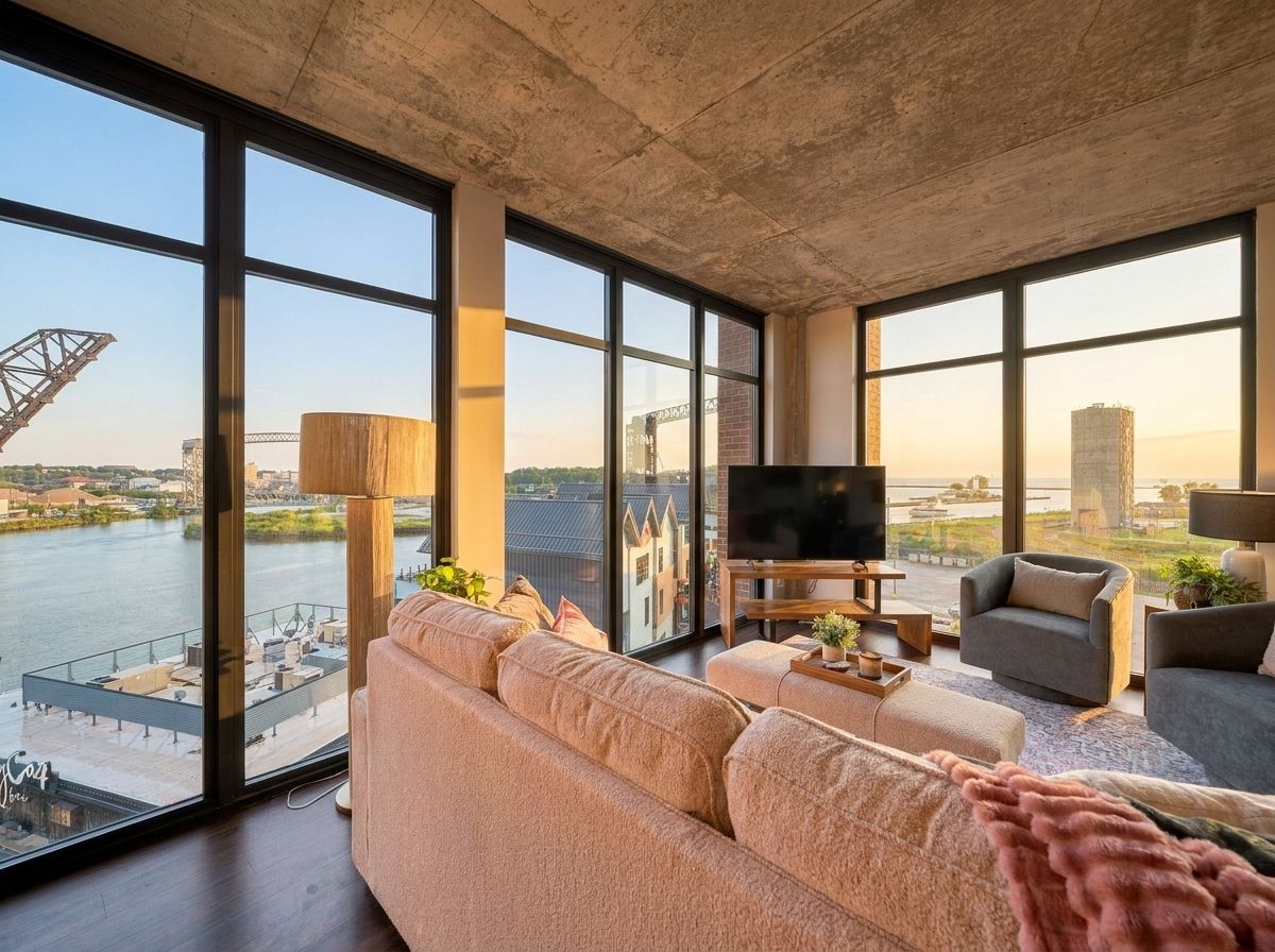 A modern living room with a large sofa, a coffee table, and a TV, overlooking a river with a bridge and buildings.