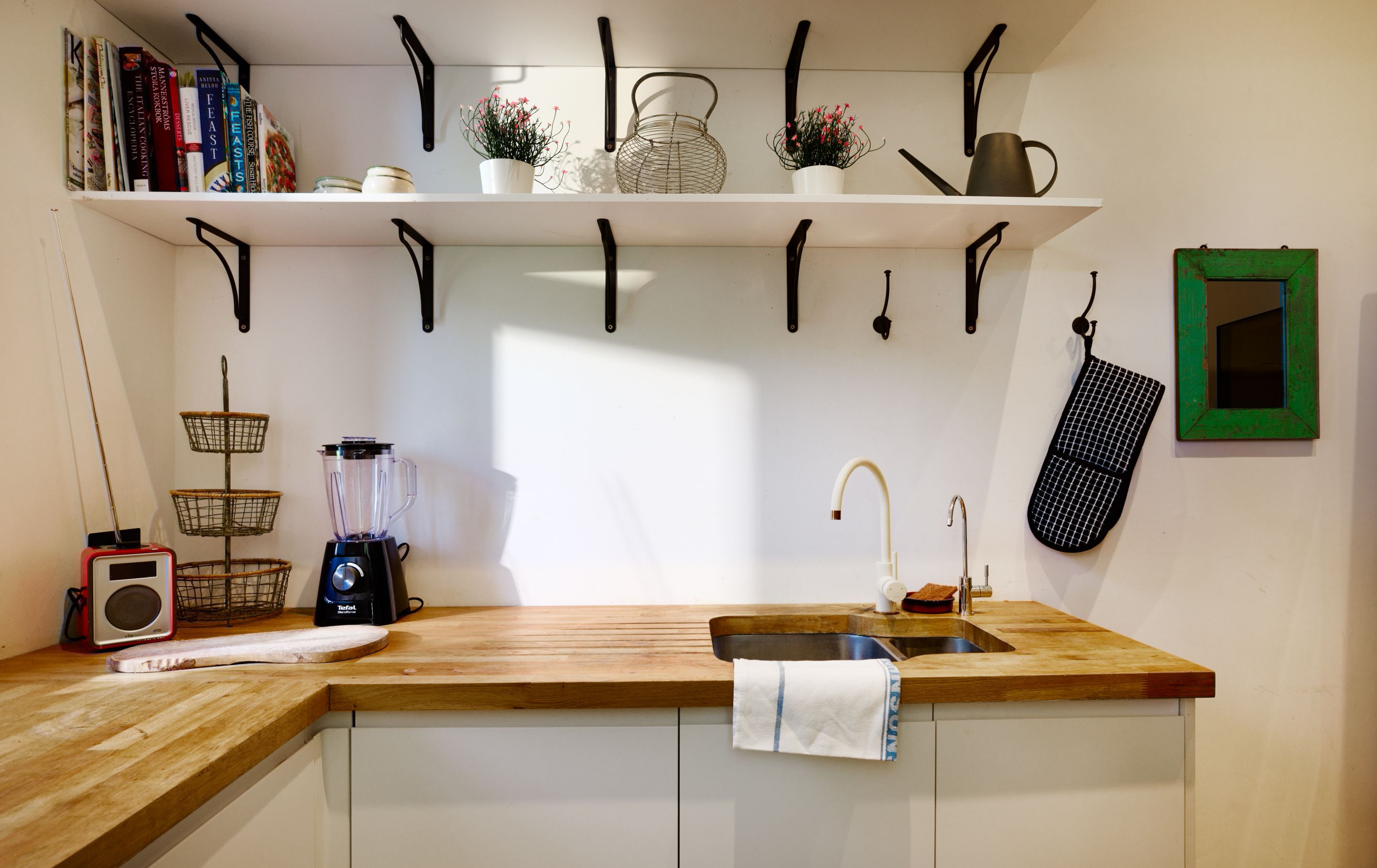 A kitchen with a wooden countertop, a sink, a kettle, a radio, and a shelf with books and plants.