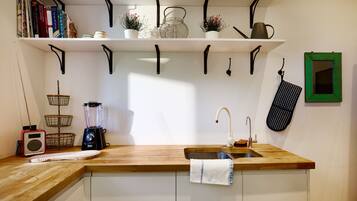 A kitchen with a wooden countertop, a sink, a kettle, a radio, and a shelf with books and plants.