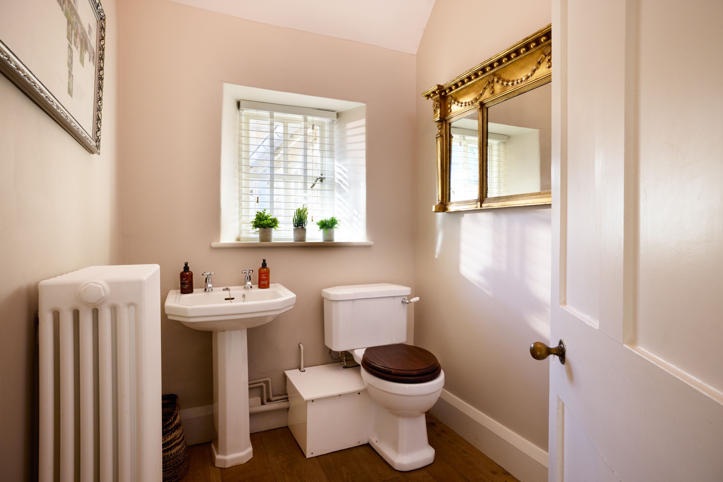 Een badkamer met een witte radiator, een wastafel op voet, een toilet en een raam met potplanten.