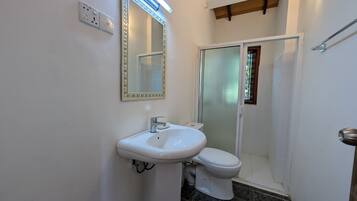 A bathroom with a white sink, a mirror, a toilet, and a shower area.