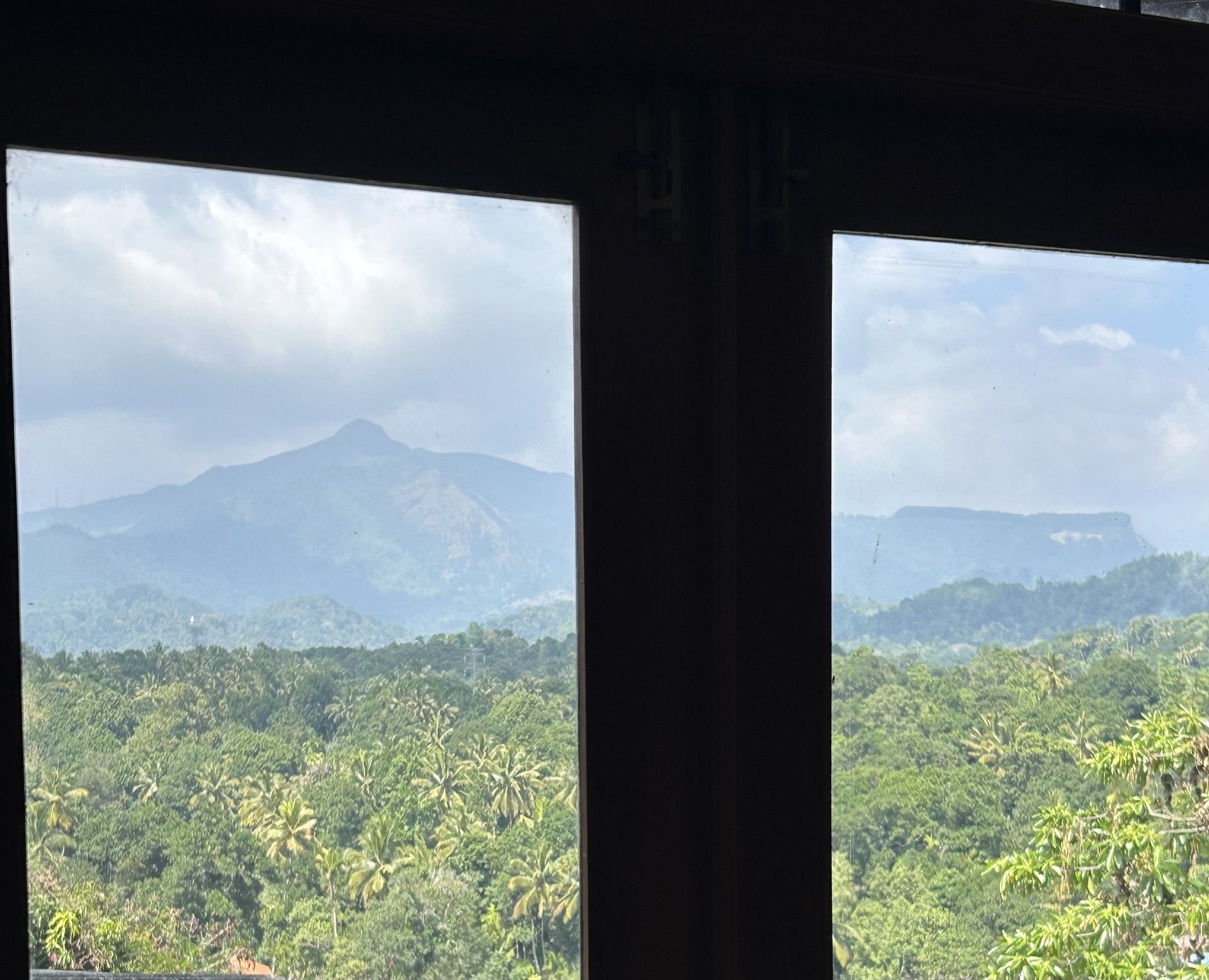 Une vue à travers une fenêtre, avec une montagne en arrière-plan et une végétation luxuriante au premier plan.