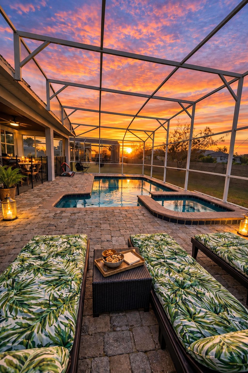 Un espace extérieur abrité comprenant une piscine, des sièges et offrant une vue sur le coucher du soleil.
