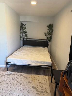 Une chambre à coucher comprenant un lit, une table de chevet, une chaise, une petite table et deux plantes en pot.