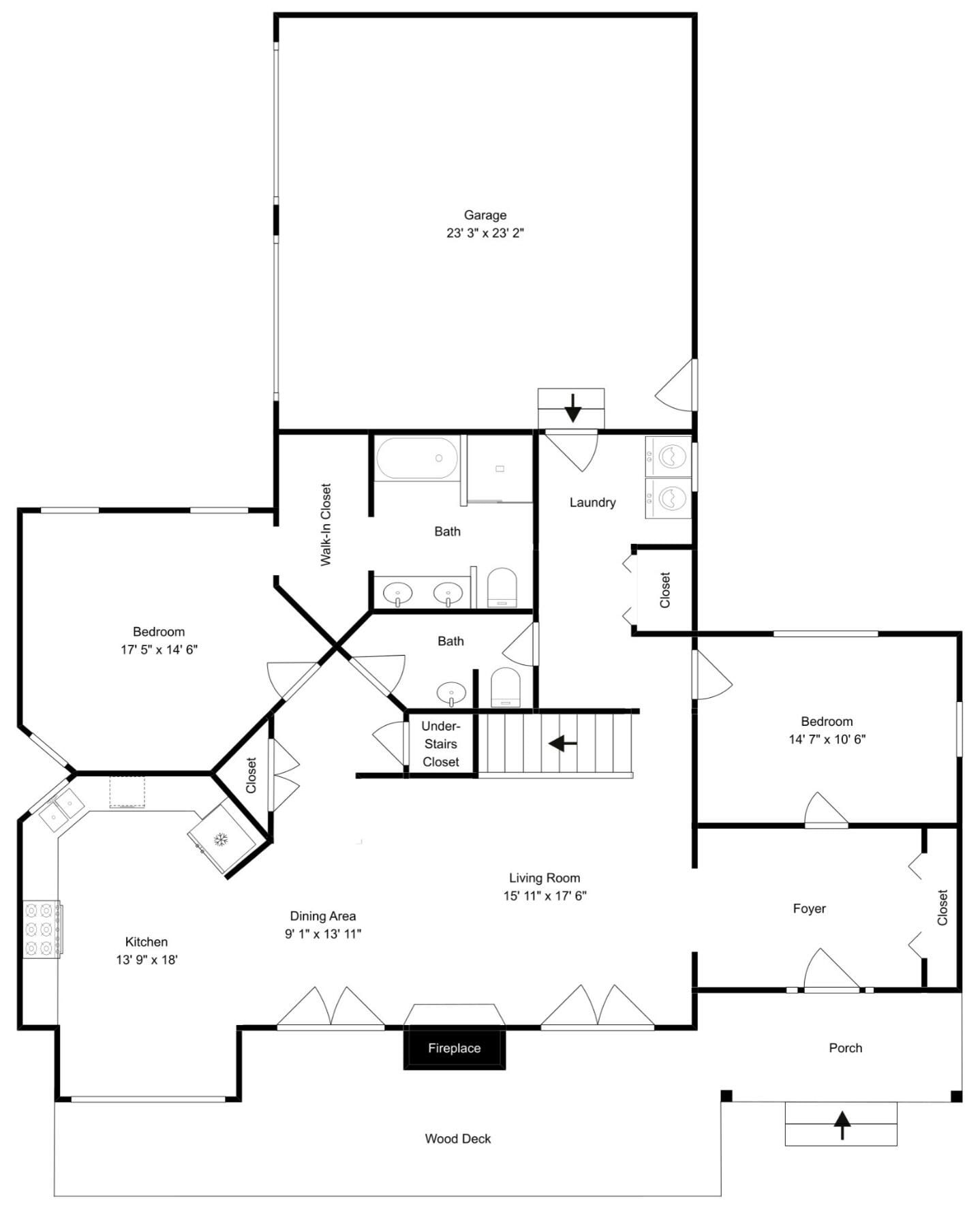 Un plan d’étage d’une maison comprenant un garage, deux chambres, un salon, un coin repas, une cuisine, une salle de bain, un hall d’entrée, une véranda et une terrasse en bois.