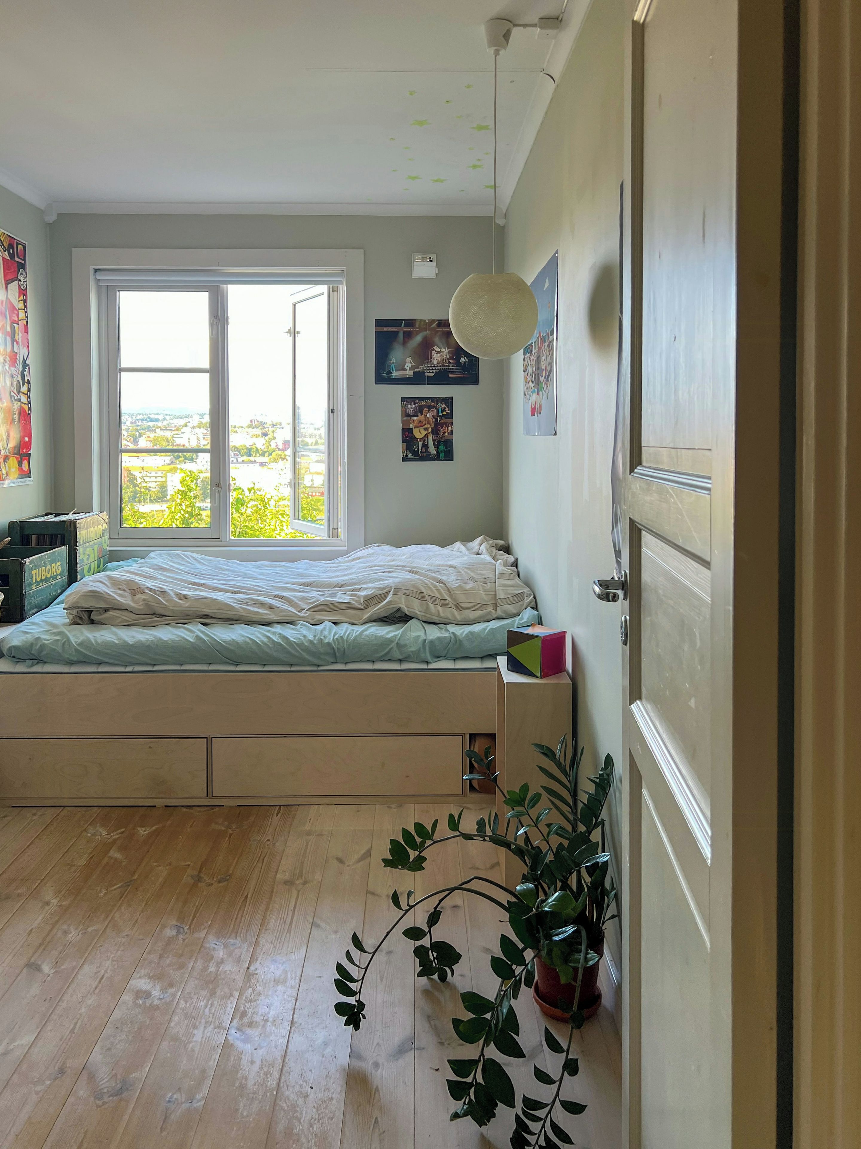 A bedroom with a bed, a window, a door, and a potted plant.