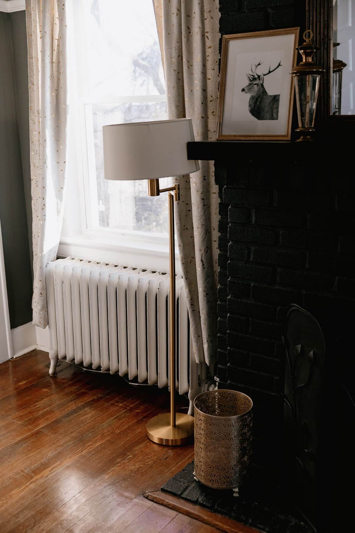A room with a radiator, a floor lamp, a fireplace, and a framed picture on the wall.