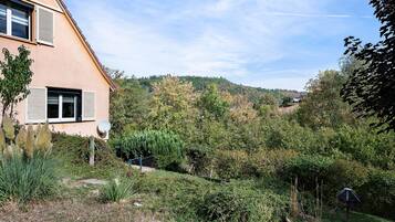 Il s’agit d’une propriété résidentielle dotée d’un toit en pente, d’une antenne parabolique et offrant une vue sur une colline boisée.