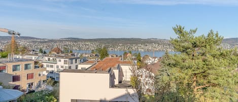 A residential area with modern buildings, a clear sky, and a view of a distant town.
