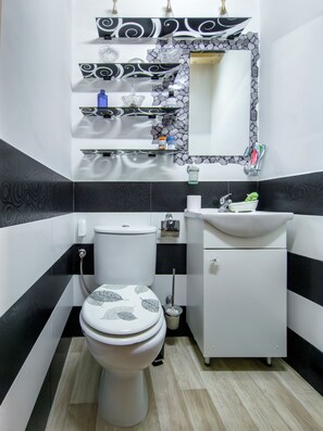 A bathroom with a toilet, sink, and mirror. - 🌿 Iñaki's Refugio – Nature, tranquility, and vacations with your dog (Mijangos)