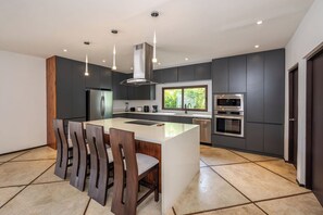 A modern kitchen with a central island, stainless steel appliances, and pendant lighting. - 4 BR Pool Villa w/Jacuzzi in Hacienda Pinilla (Tamarindo)
