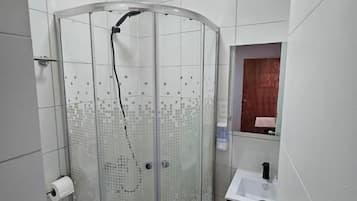 A modern bathroom with a glass-enclosed shower, a toilet, and a sink.
