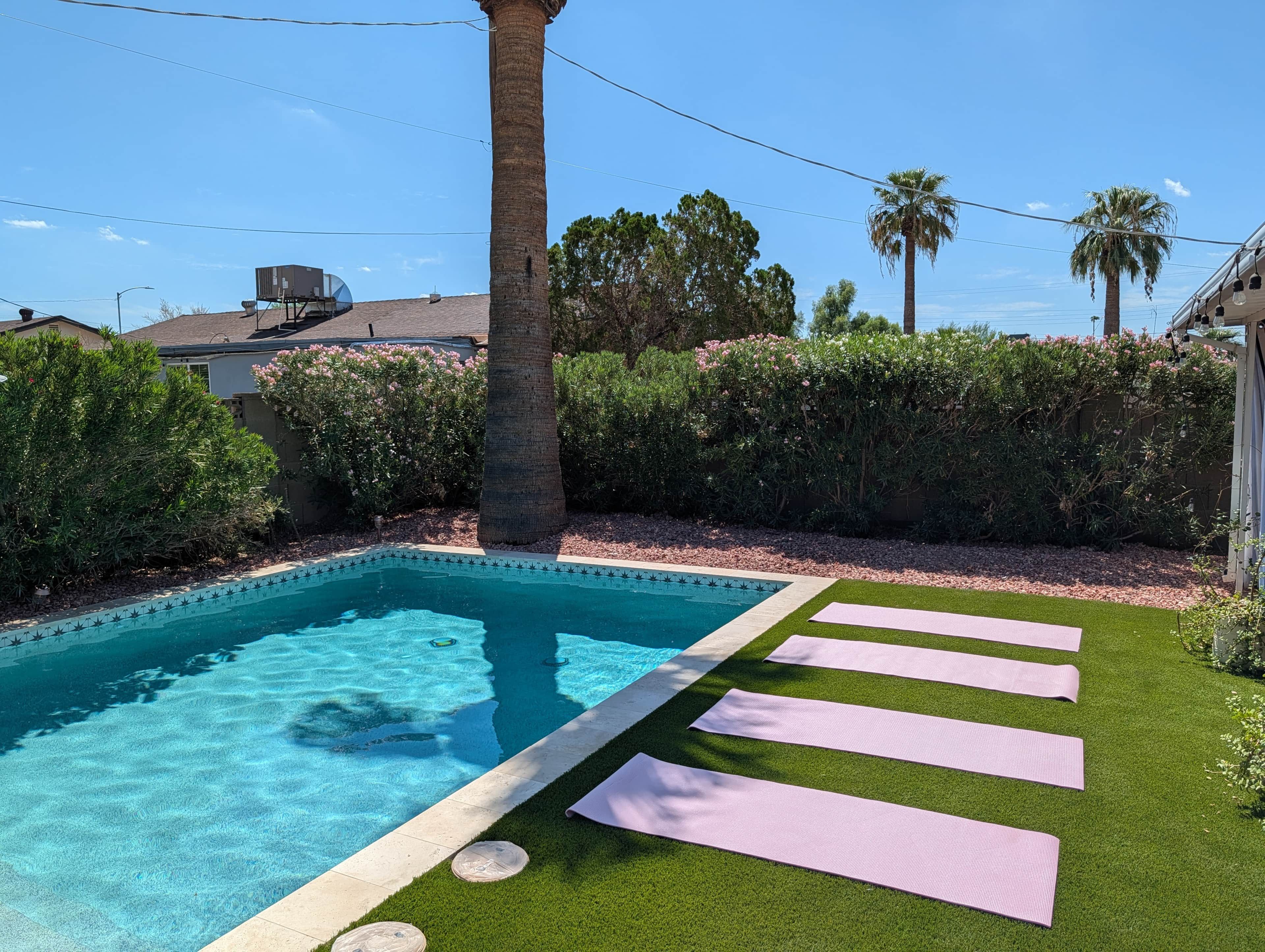 A swimming pool with a clear blue water, surrounded by artificial grass and a few potted plants.