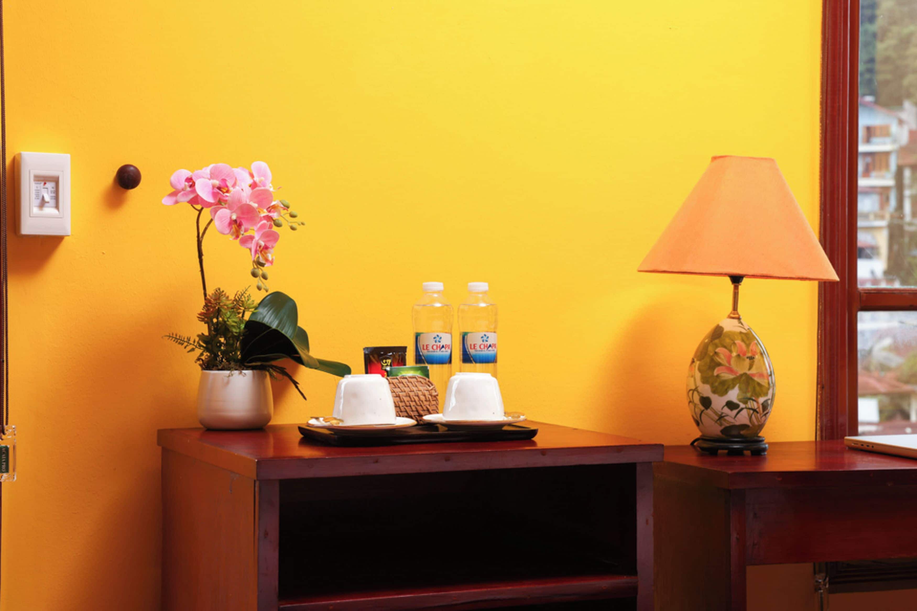 A room with a yellow wall, a wooden desk, a potted orchid, two bottles of water, a lamp, and a small plant.
