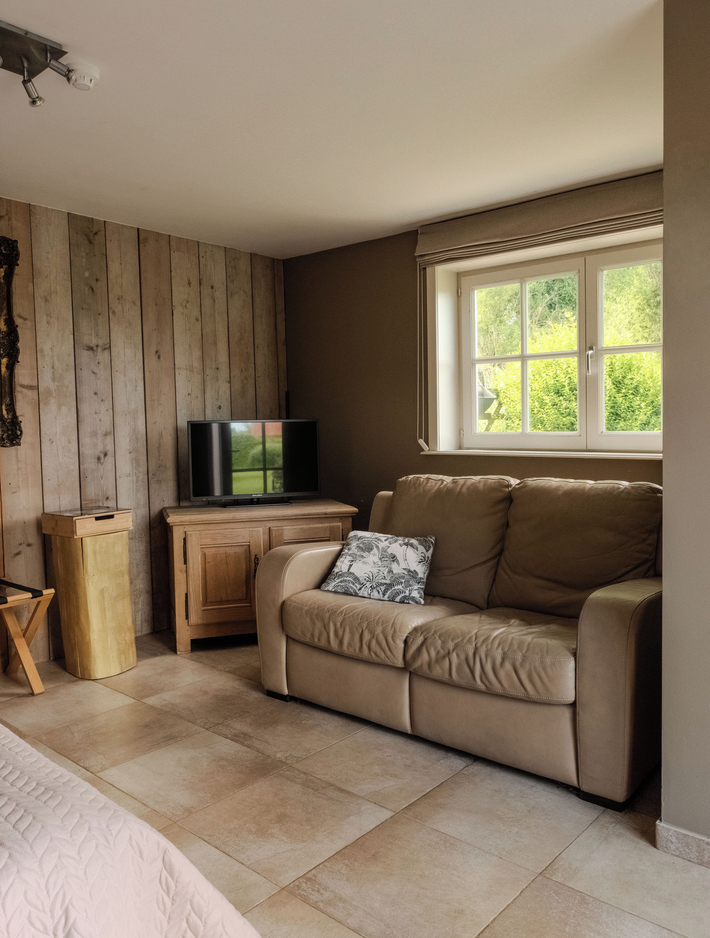 A room with a beige leather sofa, a television on a wooden cabinet, a window with a view of greenery, and a tiled floor.