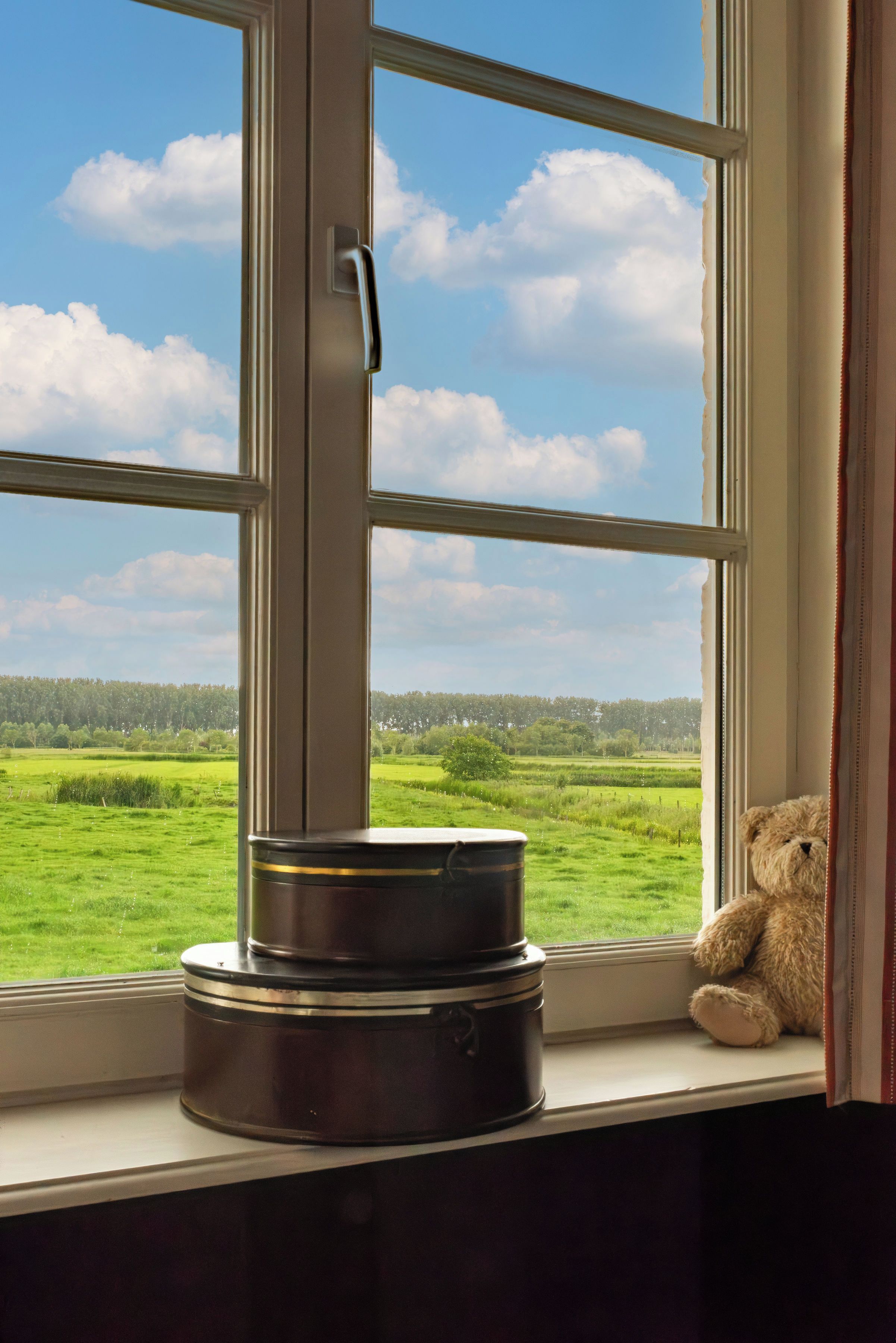 A window with a view of a green field and a teddy bear on the sill.