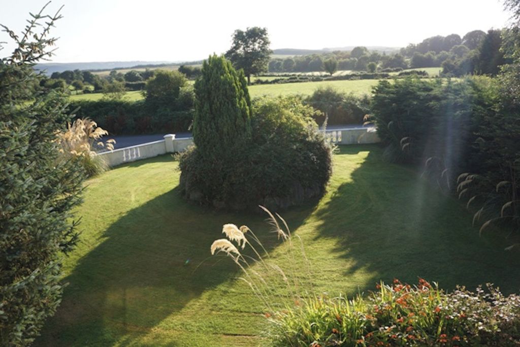 A well-maintained lawn with a variety of plants and a tall, slender tree in the center.