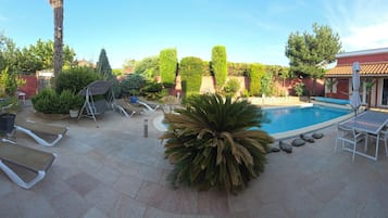 Un patio trasero con piscina, sillas de descanso y una palmera.