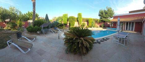 Un patio trasero con piscina, sillas de descanso y una palmera.