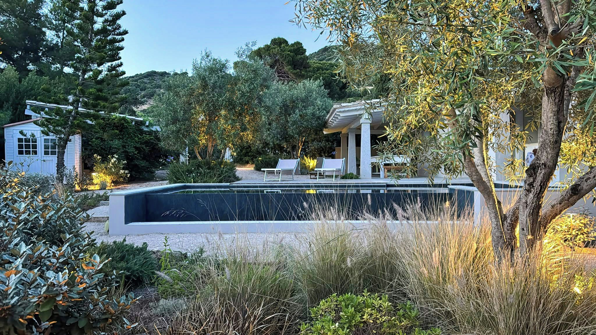 Une piscine entourée de chaises longues, de végétation luxuriante et d’un petit bâtiment.