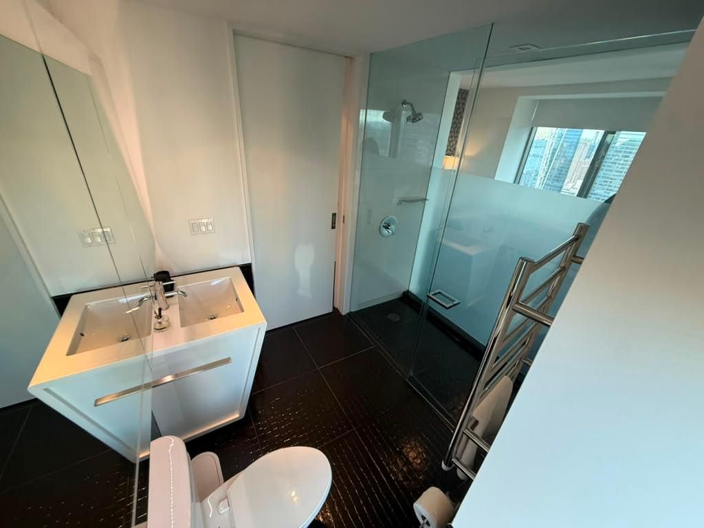 A modern bathroom with a glass shower enclosure, a white sink, and a toilet.