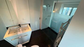A modern bathroom with a glass shower enclosure, a white sink, and a toilet.