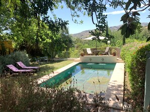 A swimming pool with lounge chairs and a table, surrounded by greenery and hills in the background.