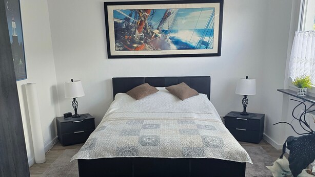 Un dormitorio moderno con una cama grande, dos mesitas de noche, un tapete mullido negro, un cuadro enmarcado y una ventana con cortinas.