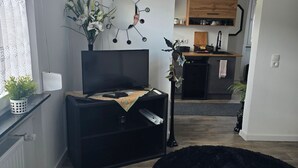 Una sala moderna con un televisor de pantalla plana, un mueble negro para entretenimiento, un espejo decorativo y una alfombra negra.
