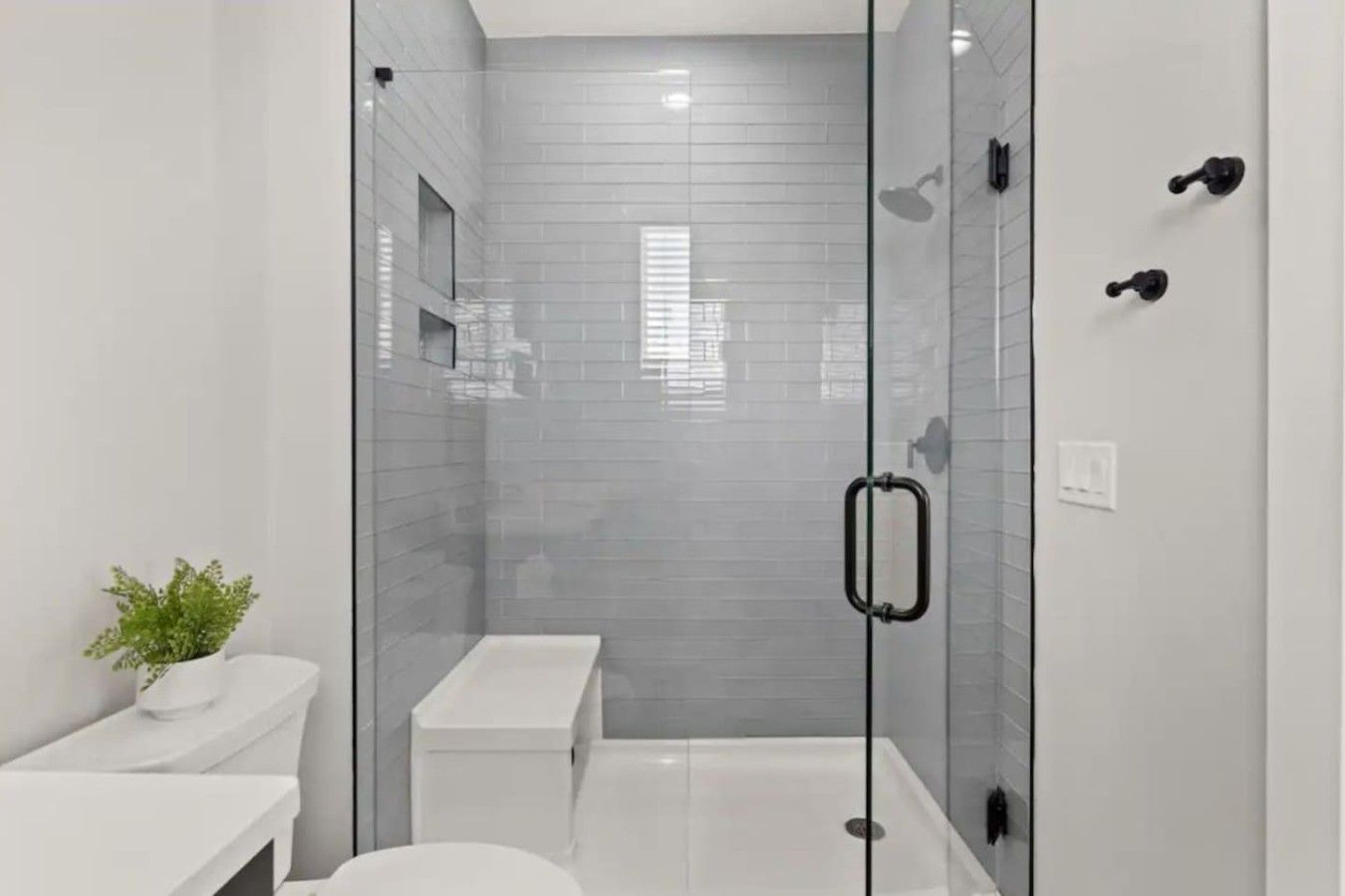 A modern bathroom with a glass-enclosed shower, white fixtures, and a small potted plant.